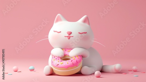 white cat holding a donut on background pink with copy space