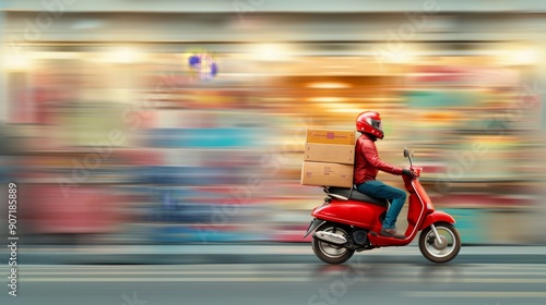 Rushing Through the City Lights: A delivery driver on a red scooter speeds through a bustling city, showcasing the fast-paced world of e-commerce and urban logistics.  