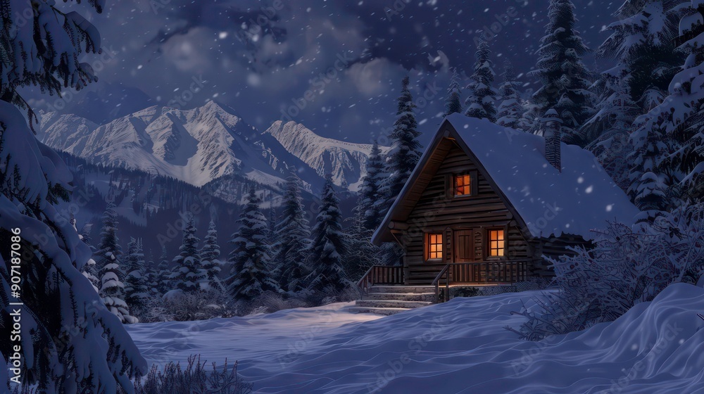 A small cabin with a lit window, nestled amongst snow-covered trees in a mountainous landscape under a starry night sky. A small cabin with a lit window, nestled amongst snow-covered trees in a mountainous landscape under a starry night sky.