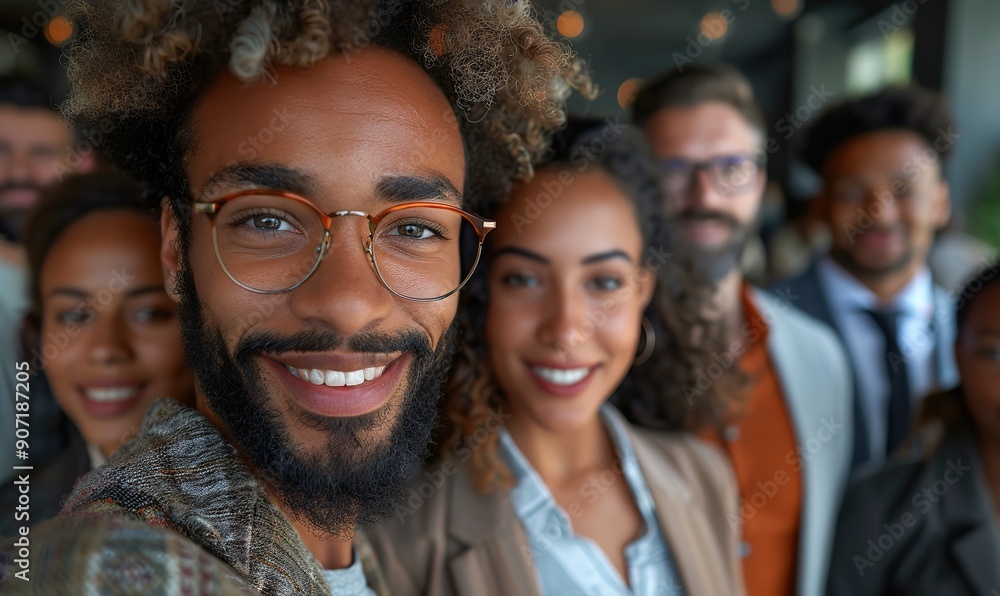 A group of business people are capturing a fun group selfie shot together, smiling and enjoying their moment. A group of business people are capturing a fun group selfie shot together, smiling and enjoying their moment.