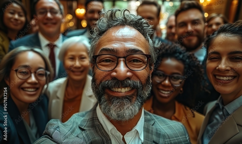 A group of business people are capturing a fun group selfie shot together, smiling and enjoying their moment. A group of business people are capturing a fun group selfie shot together, smiling and enjoying their moment.