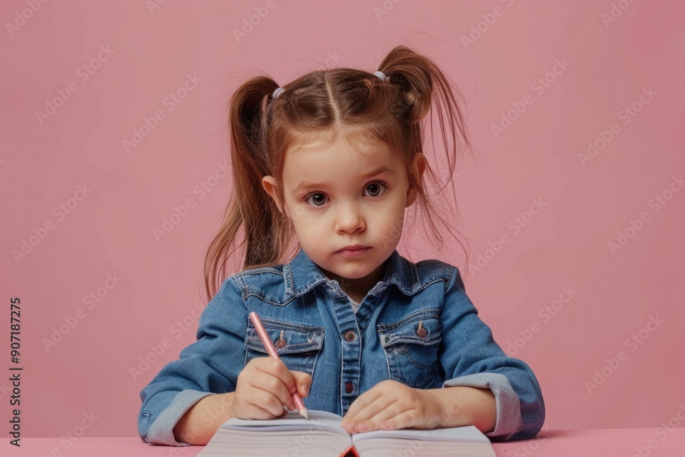 A young child learning and writing, possibly for school or homework A young child learning and writing, possibly for school or homework