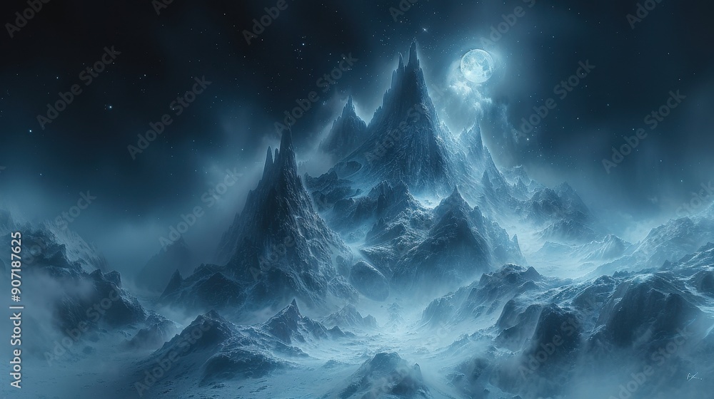 Snowy Mountain Range with Full Moon Illustration Snowy Mountain Range with Full Moon Illustration