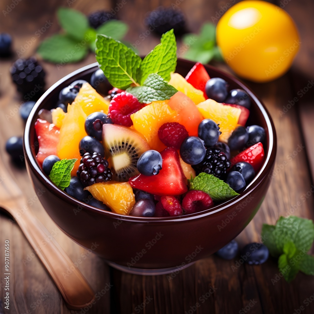 Fresh fruit salad in a bowl on wooden background Fresh fruit salad in a bowl on wooden background