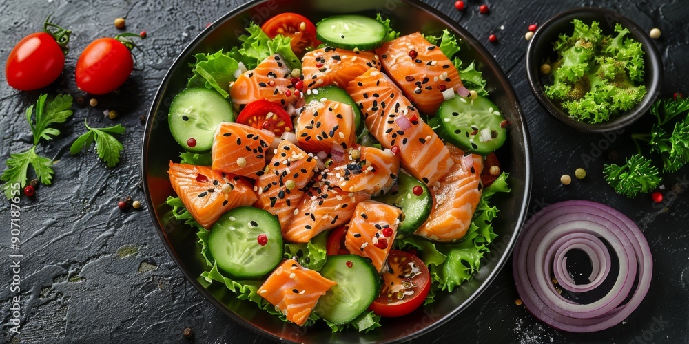 Fresh and Flavorful Keto-Friendly Salmon Salad: A Healthy Mix of Lettuce, Cucumber, Tomato, Bell Pepper, and Red Onion as a Paleo and Low-Carb Diet Delight Fresh and Flavorful Keto-Friendly Salmon Salad: A Healthy Mix of Lettuce, Cucumber, Tomato, Bell Pepper, and Red Onion as a Paleo and Low-Carb Diet Delight