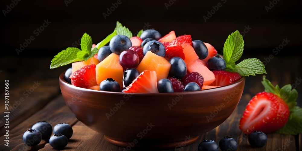Fresh fruit salad in a bowl on wooden background Fresh fruit salad in a bowl on wooden background
