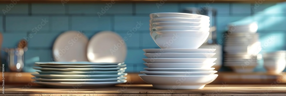 3D Render of Stacked White Bowls and Plates in a Kitchen Setting 3D Render of Stacked White Bowls and Plates in a Kitchen Setting