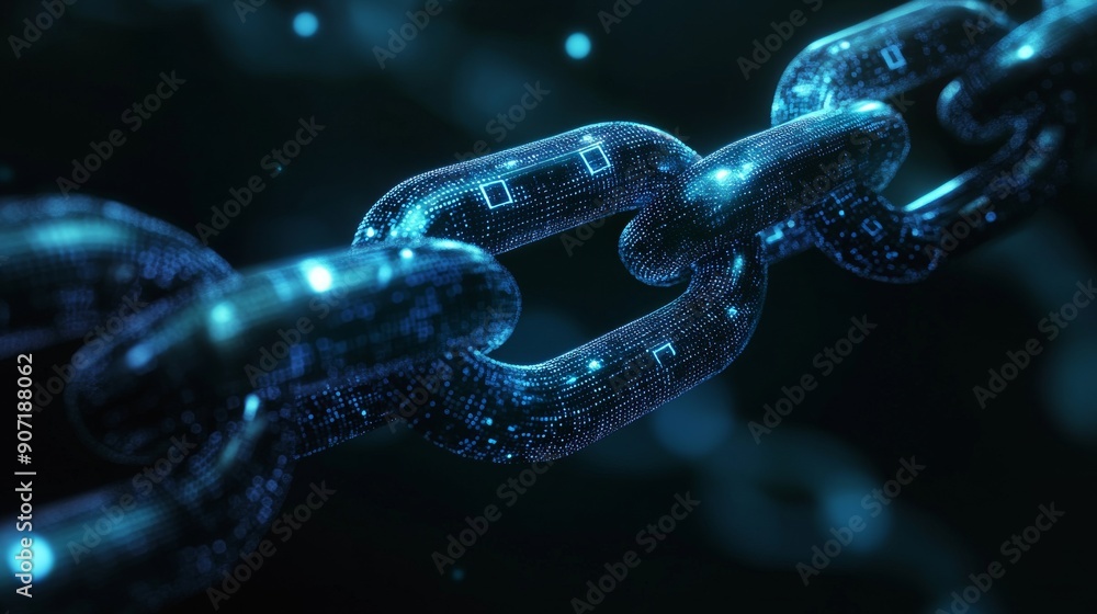 Digital chains and blocks connected in a 3D space, representing the blockchain technology, dark background Digital chains and blocks connected in a 3D space, representing the blockchain technology, dark background