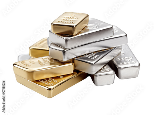 Stack Of Gold And Silver Bars On Transparent Background