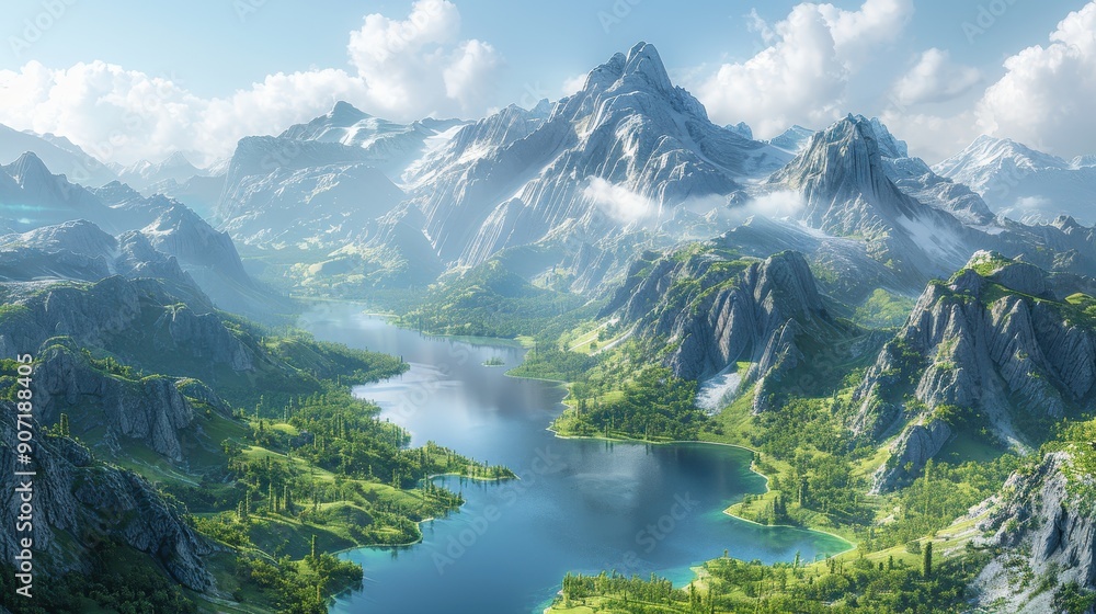 Mountain Lake Landscape 3D Illustration Mountain Lake Landscape 3D Illustration