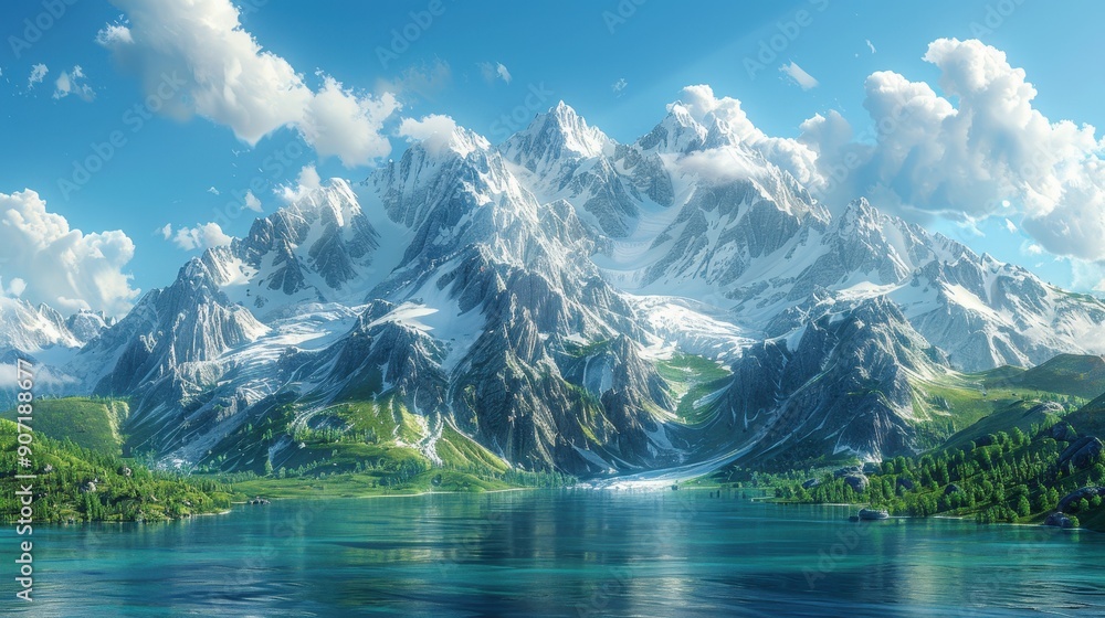 Majestic Mountain Range with Tranquil Lake - 3D Illustration Majestic Mountain Range with Tranquil Lake - 3D Illustration