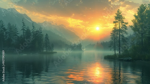 Misty Mountain Lake Sunset 3D Illustration