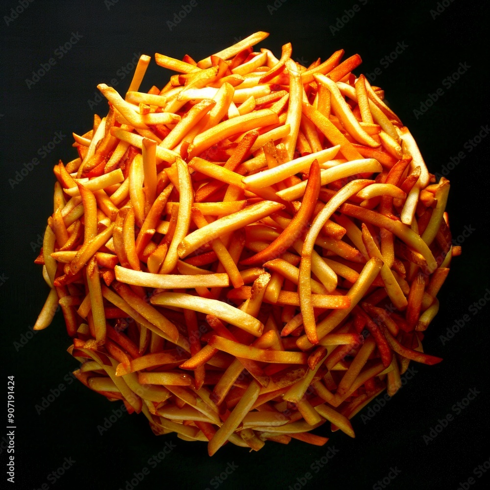 Creative modern abstract image. Unique concept blending food and art. French fries arranged in a spherical shape. Perfect for designers, food blogs, or artistic inspirations. AI Creative modern abstract image. Unique concept blending food and art. French fries arranged in a spherical shape. Perfect for designers, food blogs, or artistic inspirations. AI