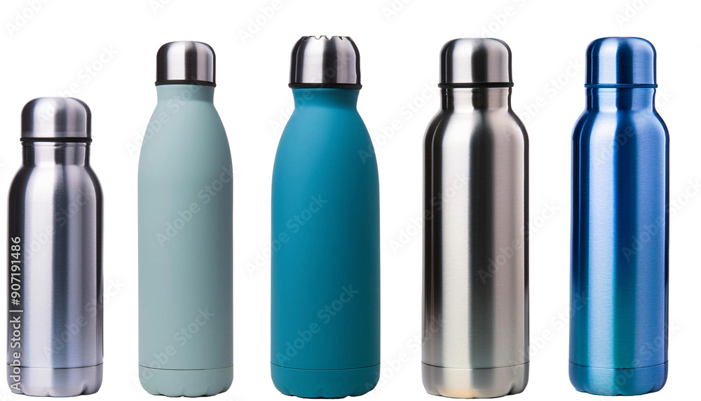 Set of various modern vacuum insulated thermos water bottles isolated on transparent background. Generative AI Set of various modern vacuum insulated thermos water bottles isolated on transparent background. Generative AI