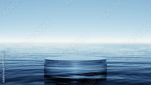Glass podium on wave beach and blue sky abstract background. Copy space for product presentation. 3d render.	