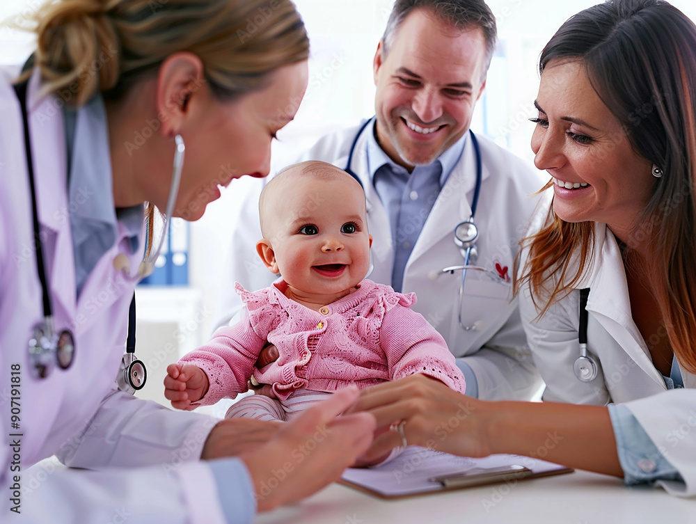 Smiling Doctors with Happy Baby in Medical Setting Smiling Doctors with Happy Baby in Medical Setting