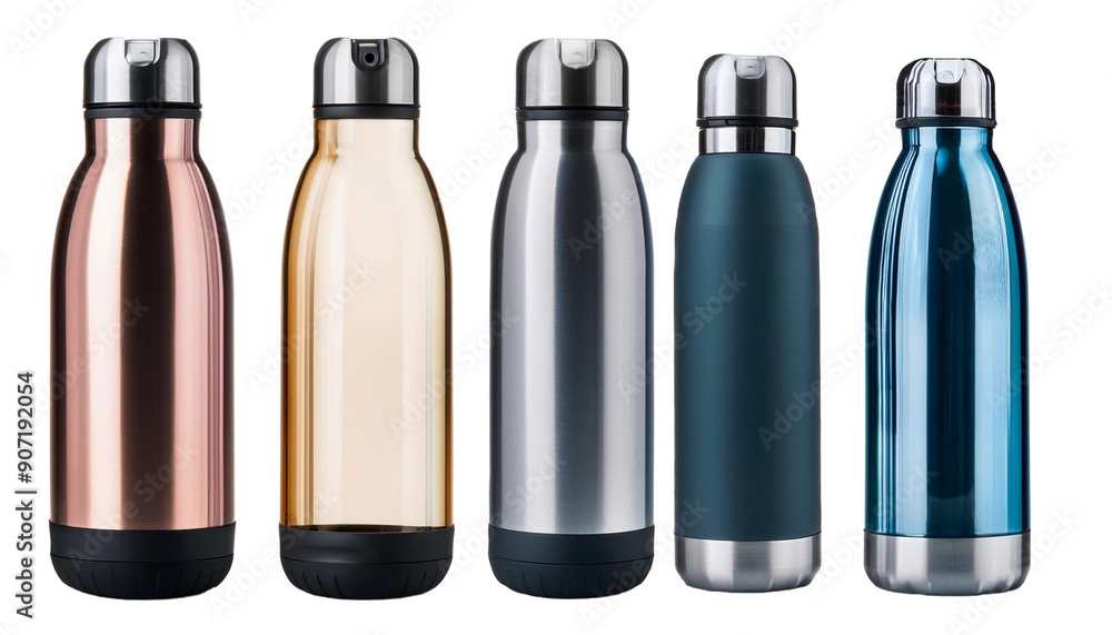 Set of various modern vacuum insulated thermos water bottles isolated on transparent background. Generative AI Set of various modern vacuum insulated thermos water bottles isolated on transparent background. Generative AI