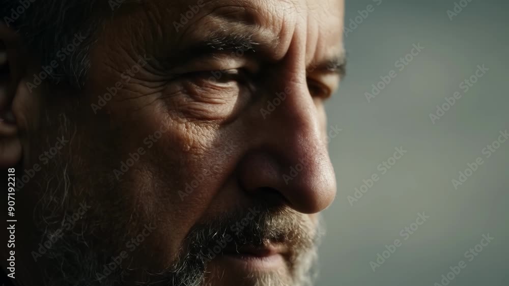 An older man with a salt and pepper beard stares off into the distance lost in thought. The wrinkles on his face hint at a life full of serious moments while the plain background An older man with a salt and pepper beard stares off into the distance lost in thought. The wrinkles on his face hint at a life full of serious moments while the plain background