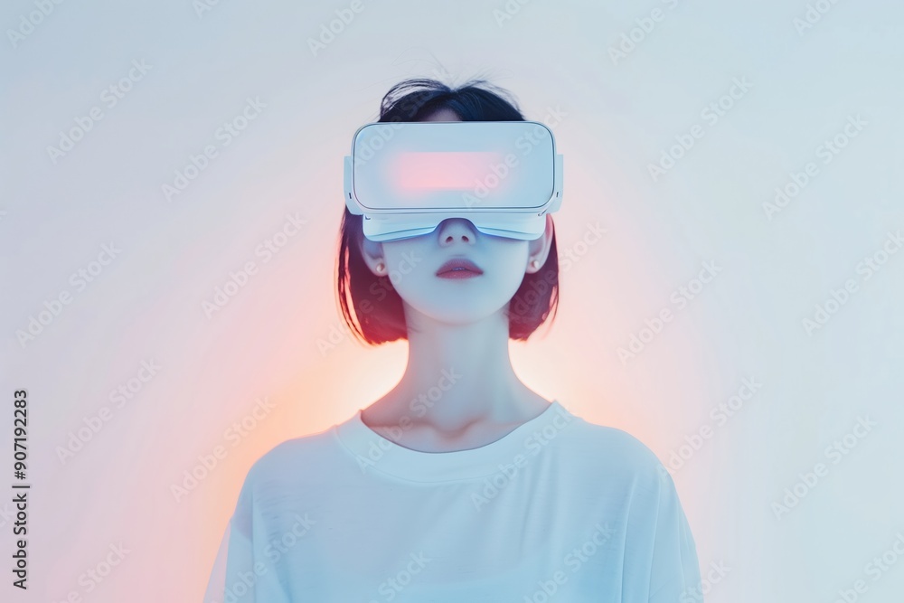 A young Asian woman wearing a VR headset, isolated on a white background, showcasing immersive virtual reality technology A young Asian woman wearing a VR headset, isolated on a white background, showcasing immersive virtual reality technology
