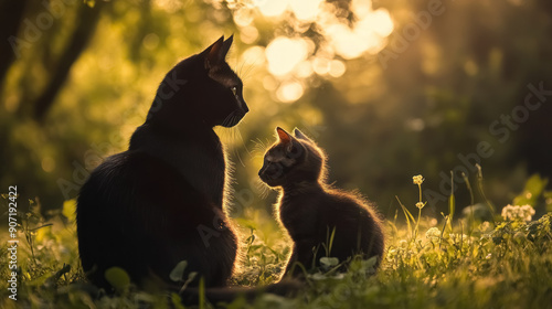 black cat and kitten silhouette in golden hour light
