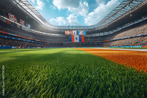 Scenic depiction of a stadium with England and Netherlands flags.