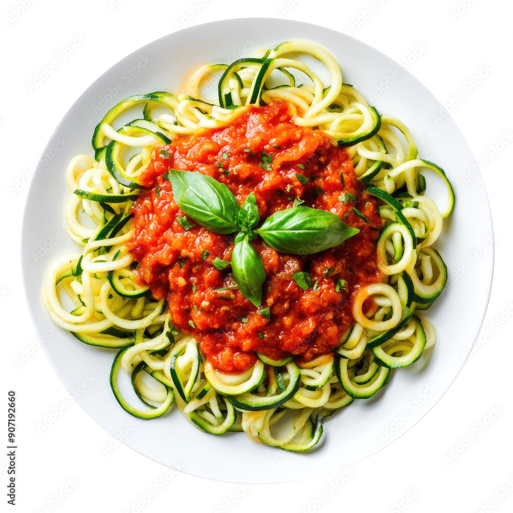 Plate of Zucchini Noodles with Tomato Sauce Isolated on a Transparent Background Plate of Zucchini Noodles with Tomato Sauce Isolated on a Transparent Background