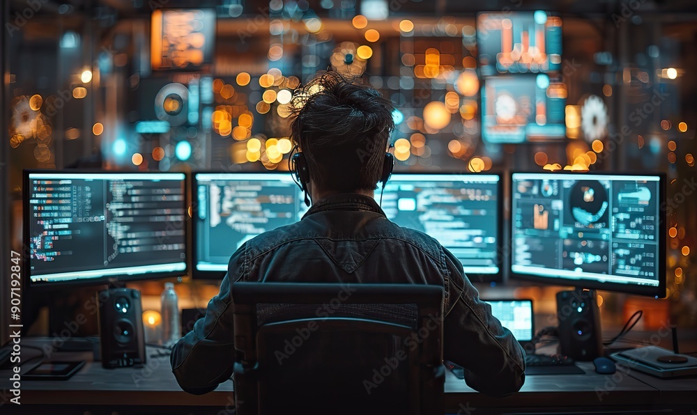 A programmer, focused intently on coding and viewed from behind, works on multiple screens in a modern, well-lit office space, surrounded by high-tech equipment. A programmer, focused intently on coding and viewed from behind, works on multiple screens in a modern, well-lit office space, surrounded by high-tech equipment.