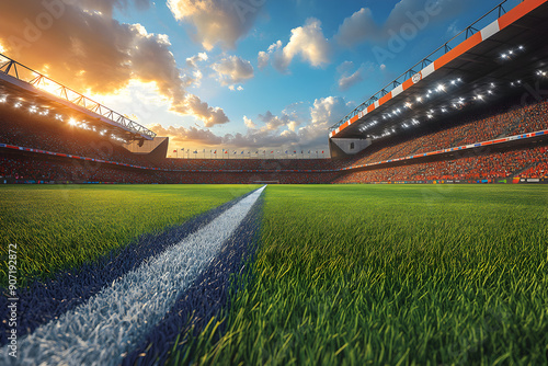 Scenic depiction of a stadium with England and Netherlands flags.