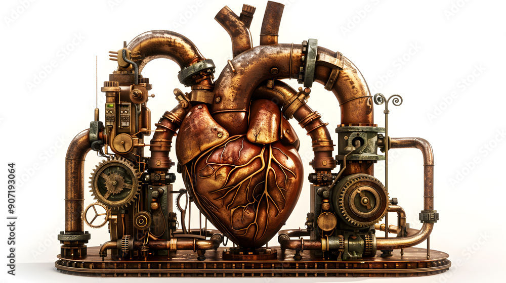 A heart made of metal pipes and gears A heart made of metal pipes and gears