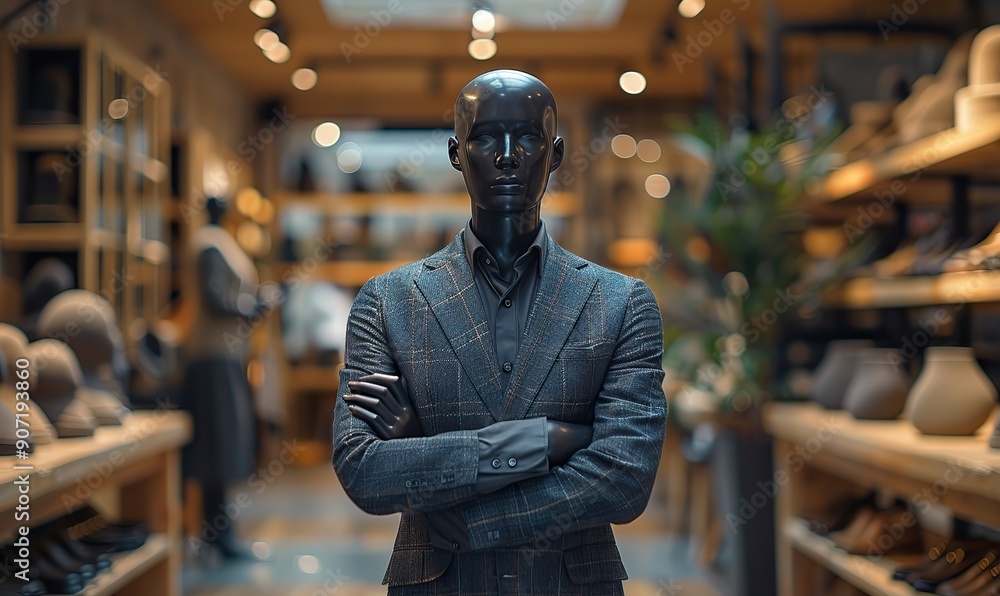 A generic mannequin in a business suit stands confidently with crossed arms, symbolizing strength and professionalism in a sleek, modern office environment. A generic mannequin in a business suit stands confidently with crossed arms, symbolizing strength and professionalism in a sleek, modern office environment.