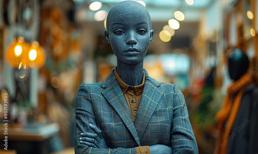 A generic mannequin in a business suit stands confidently with crossed arms, symbolizing strength and professionalism in a sleek, modern office environment. A generic mannequin in a business suit stands confidently with crossed arms, symbolizing strength and professionalism in a sleek, modern office environment.