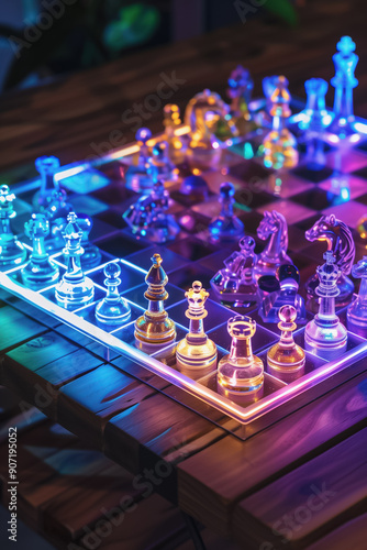 Illuminated glass chess set with neon colors on a reflective board
