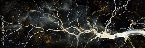 Axons of motor neurons in spinal cord stained with Cajal s silver nitrate crossing white matter to create anterior roots photo