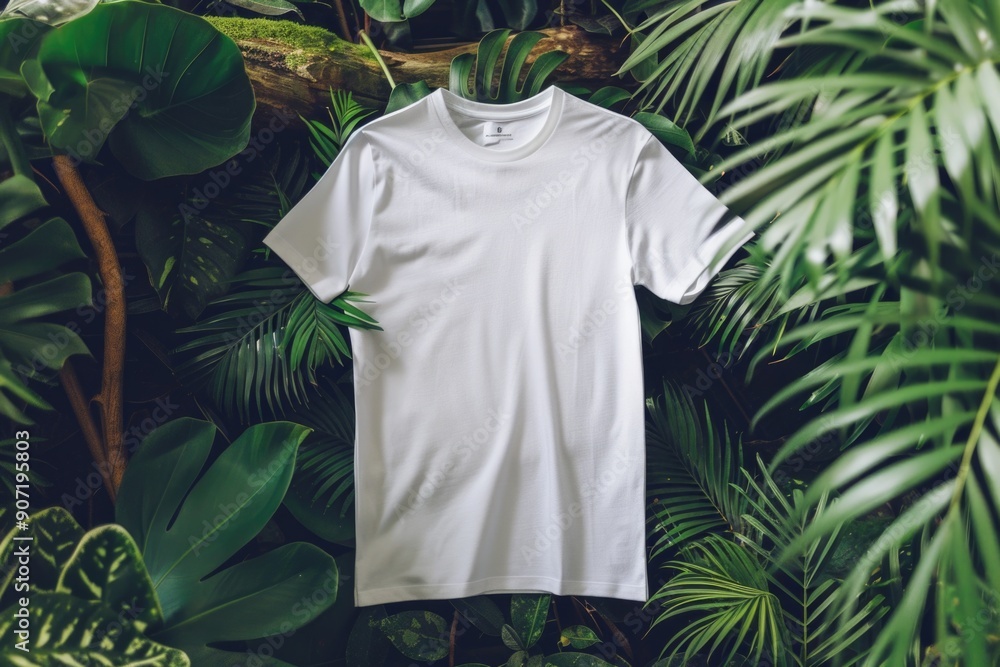 A white t-shirt sits atop a lush green forest, with trees and foliage visible below A white t-shirt sits atop a lush green forest, with trees and foliage visible below