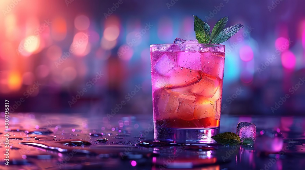Cocktail Drink with Ice and Mint in a Glass on a Wet Bar Counter - Realistic Photo Cocktail Drink with Ice and Mint in a Glass on a Wet Bar Counter - Realistic Photo