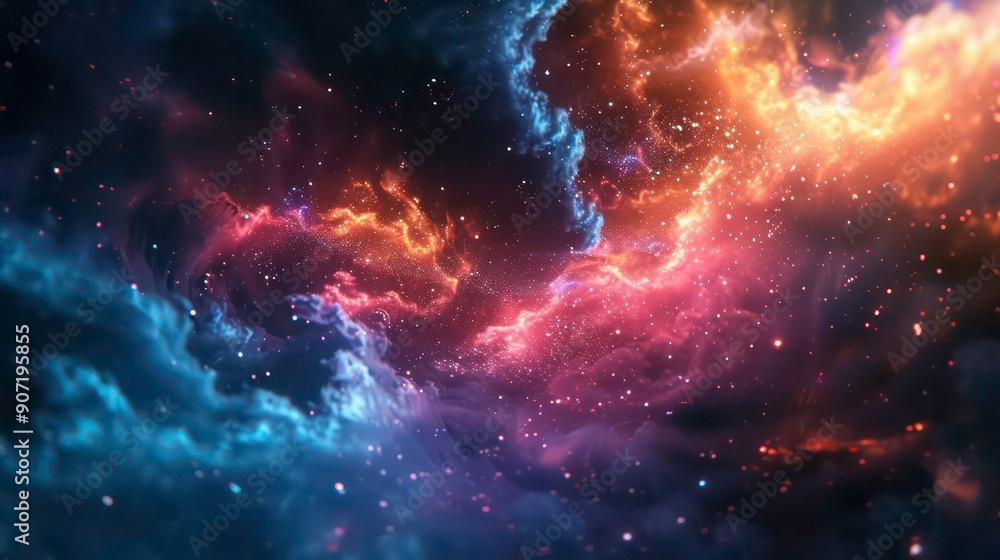 A cosmic nebula with swirling clouds and glittering stars in a dark night sky. A cosmic nebula with swirling clouds and glittering stars in a dark night sky.