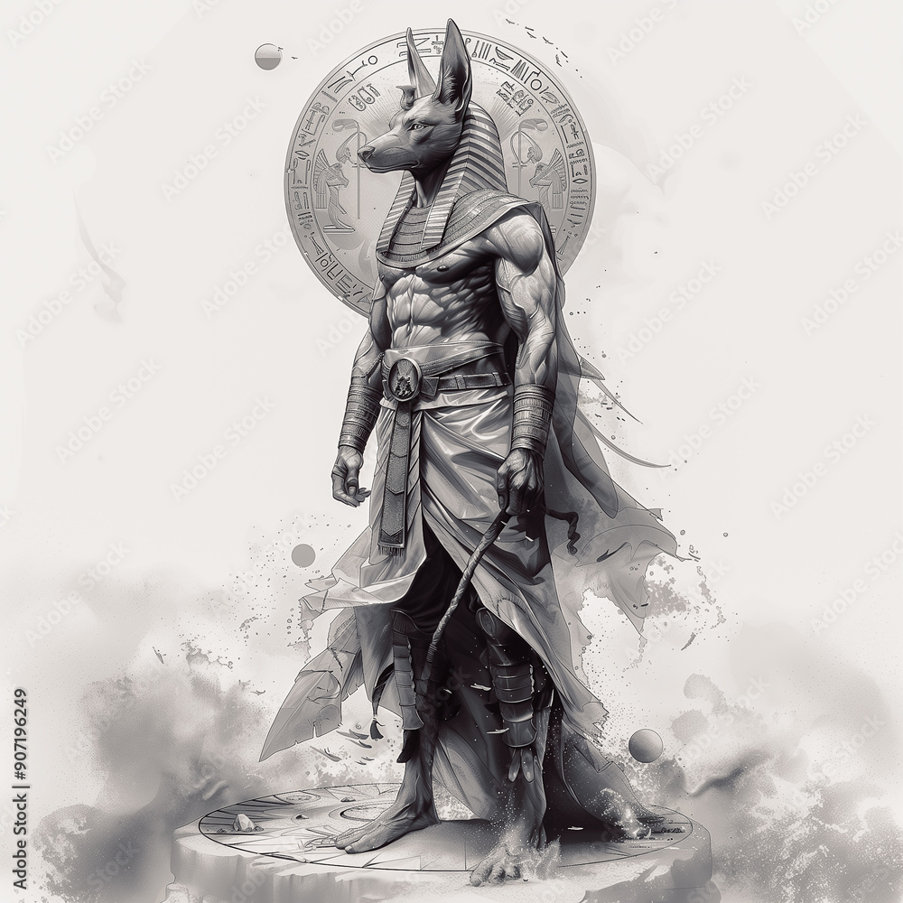 Fototapeta premium Intricate sketch of Anubis with detailed Egyptian armor and stoic expression 