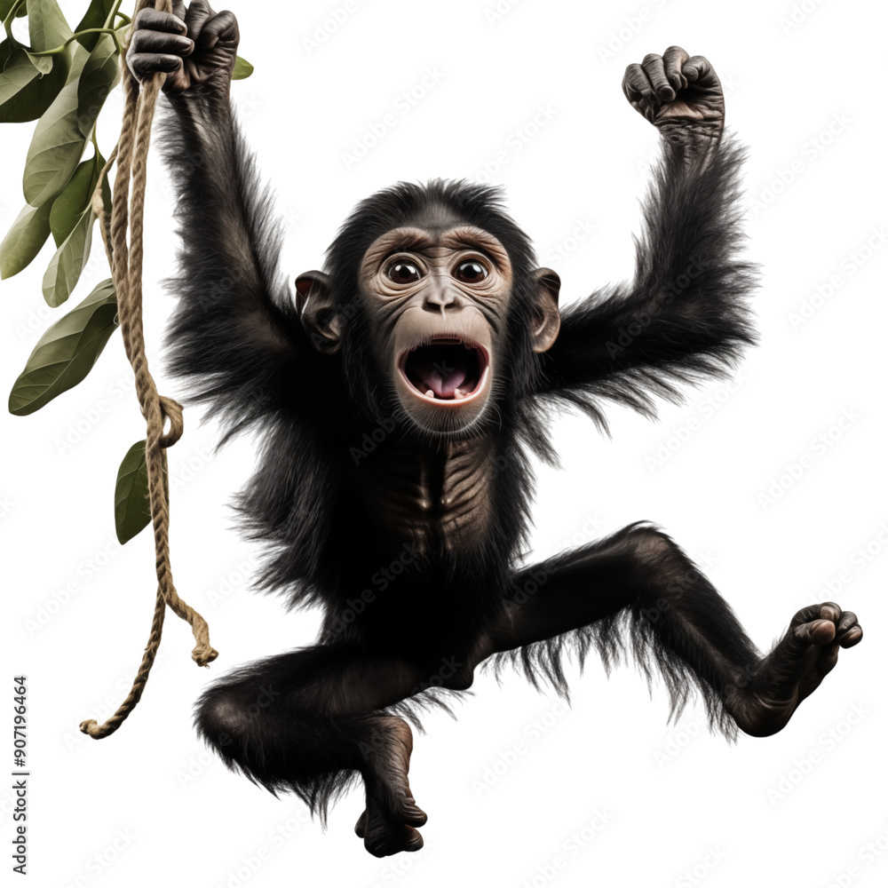 Fototapeta premium Chimpanzee Swinging on Rope with Open Mouth