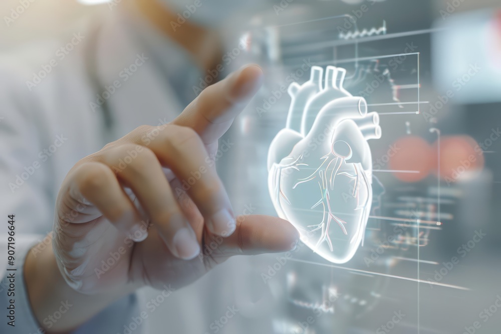 A doctors body and hand pointing to a hologram icon of a heart A doctors body and hand pointing to a hologram icon of a heart