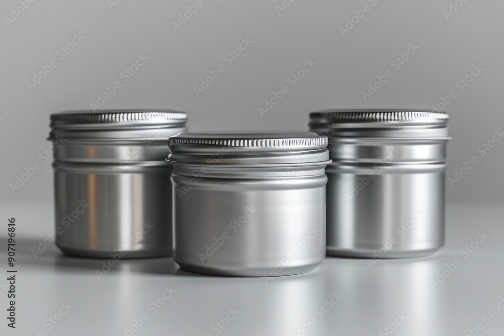 Three silver jars sitting on a table, perfect for decorative use or as props in still life photography Three silver jars sitting on a table, perfect for decorative use or as props in still life photography