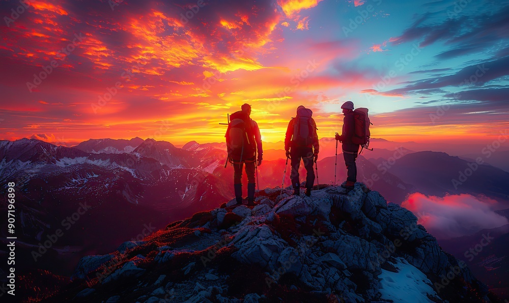 Fototapeta premium Three adventurers, silhouetted against a vibrant sunset, stand together on a rocky peak, symbolizing adventure, camaraderie, and shared experiences.