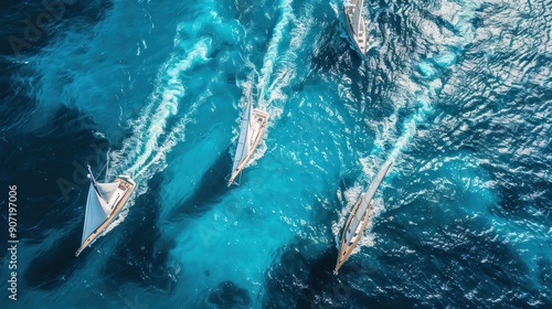Sailboats racing across the vast cerulean ocean, their sails billowing in the wind