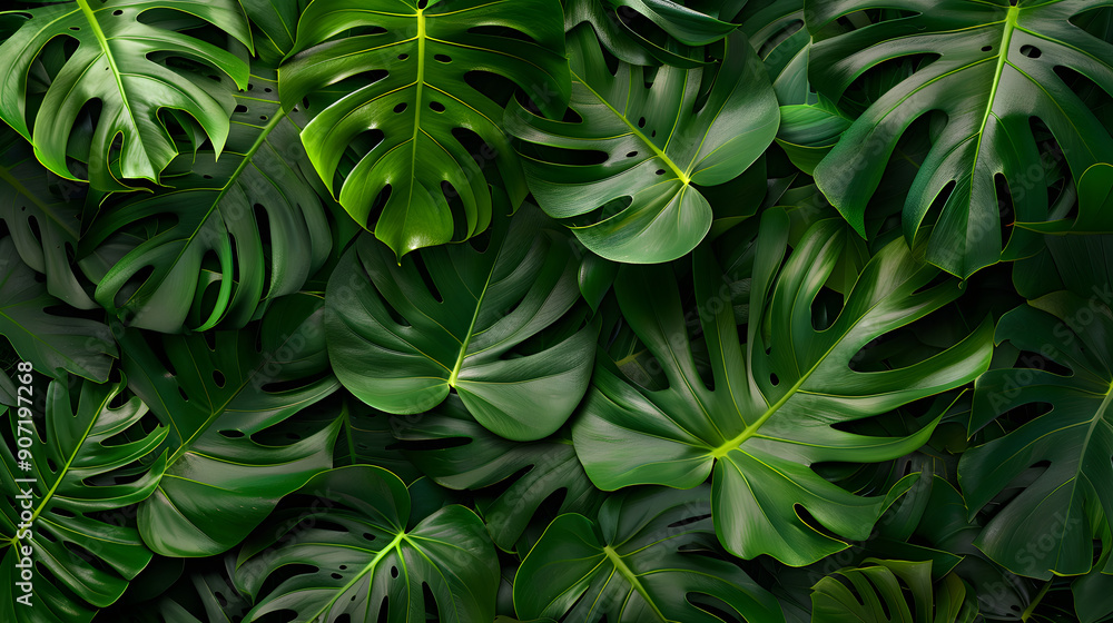 Fototapeta premium green leaves background, close up exotic leaves background