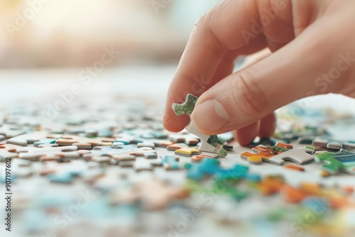A persons hand is putting together a jigsaw puzzle in an office