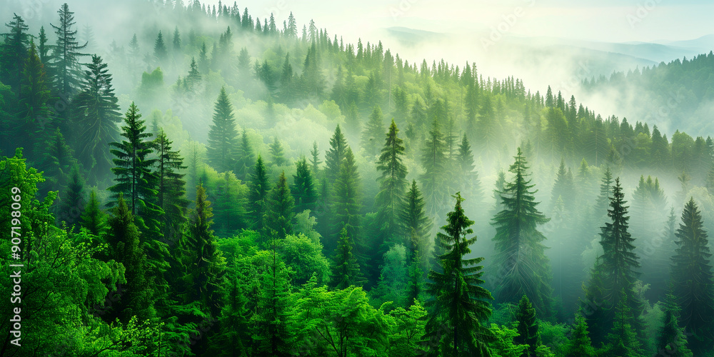 Fototapeta premium a pine forest with morning mist in autumn