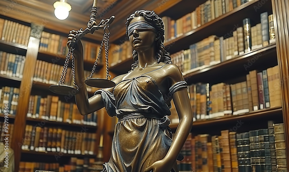A mannequin of Lady Justice, with a blindfold, scales, and gavel, standing in a law library, symbolizing impartiality and justice in legal studies. A mannequin of Lady Justice, with a blindfold, scales, and gavel, standing in a law library, symbolizing impartiality and justice in legal studies.