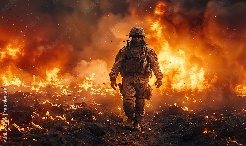 A soldier in full gear stands against a backdrop of intense fire and thick smoke, symbolizing the chaos and extreme intensity of a battlefield environment. A soldier in full gear stands against a backdrop of intense fire and thick smoke, symbolizing the chaos and extreme intensity of a battlefield environment.