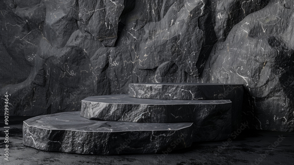 Black stone podium featuring abstract stone background Black stone podium featuring abstract stone background