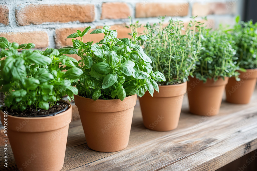 Herb Garden with Fresh Basil, Thyme, and More on Rustic Wooden Shelf Herb Garden with Fresh Basil, Thyme, and More on Rustic Wooden Shelf