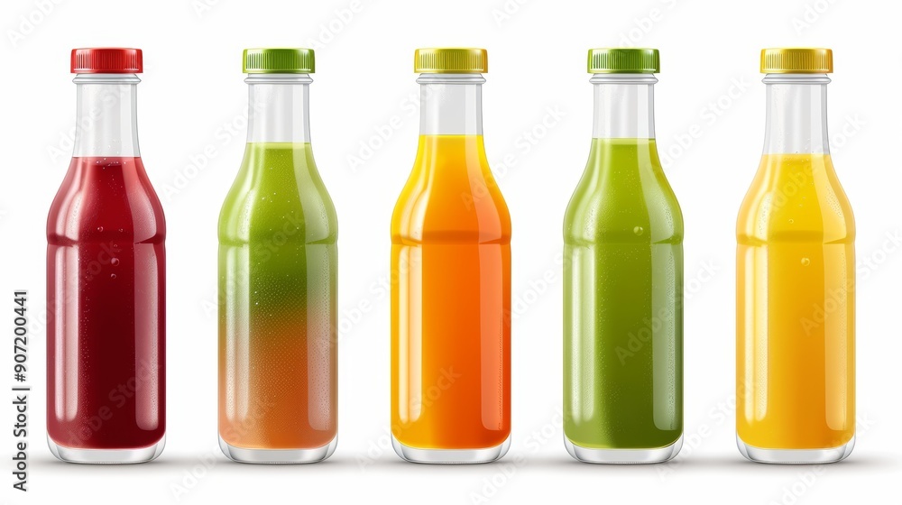 Five bottles of juice with different colors Five bottles of juice with different colors